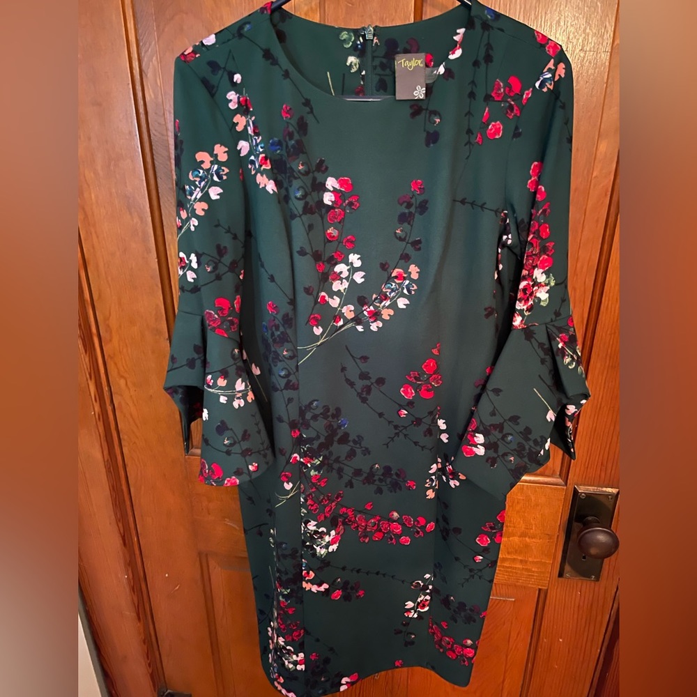 Taylor Dark Green Floral Shift Dress with Pink and Red Accents